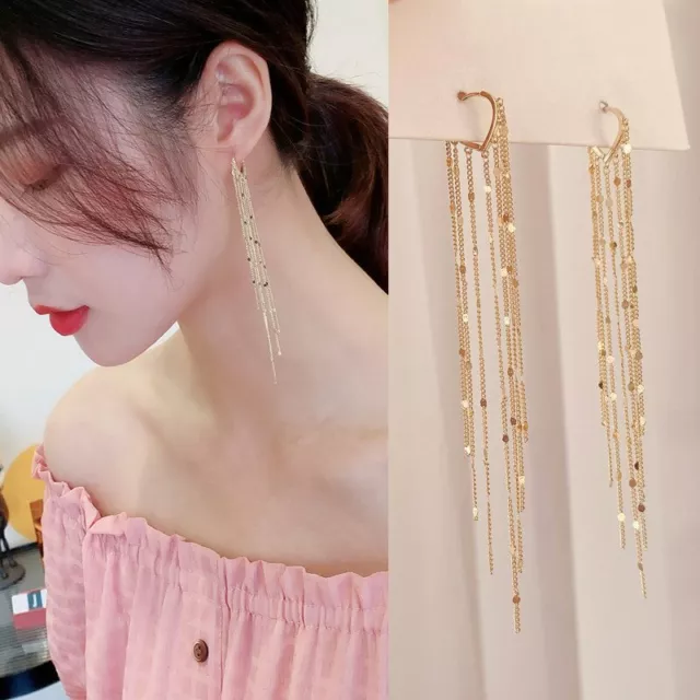 Fashion Gold Heart Long Tassel Earrings Stud Drop Dangle Women Party Jewelry