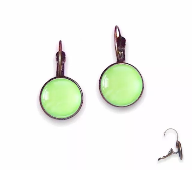 10mm Earrings Lever Backs - Antique Brass Settings & Light Green - Glass