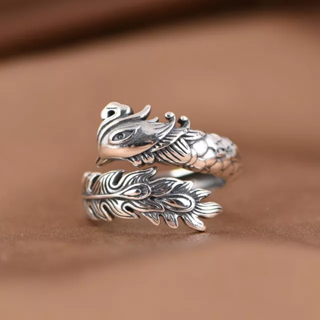 Real Solid 925 Sterling Silver Band Men Women Lucky Phoenix Feather Open Ring