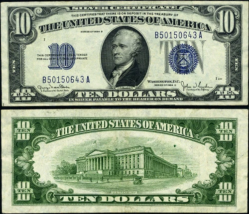 FR. 1705 N $10 1934-D Silver Certificate B-A Block Narrow XF+