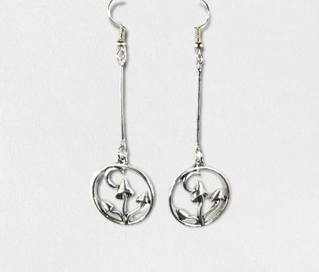 MUSHROOM HOOP EARRINGS drop bar silver plated magic trippy goth punk kawaii cute