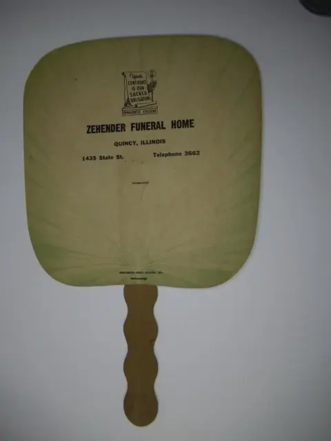 advertising hand fan Zehender Funeral Home phone 3662  Quincy, Illinois      Z48