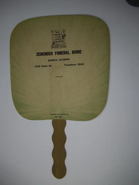 advertising hand fan Zehender Funeral Home phone 3662  Quincy, Illinois      Z48