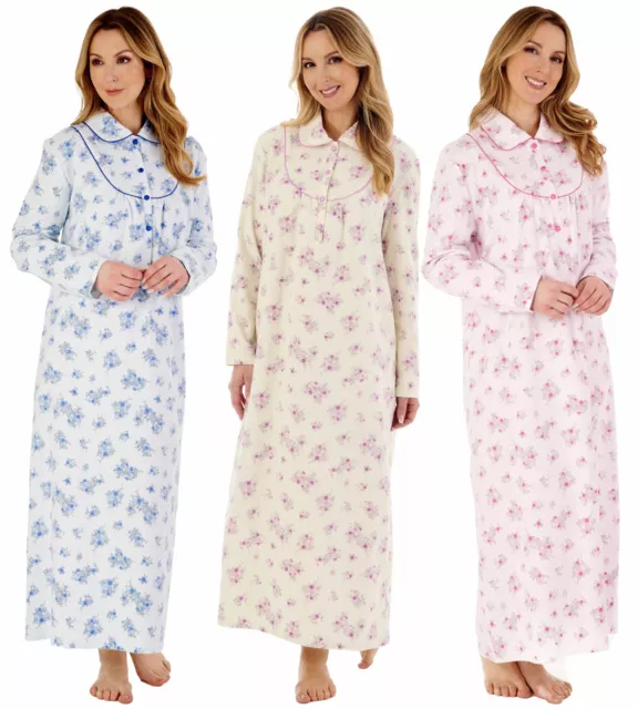 Slenderella Nightie 51" Floral Long Sleeve Flannel Brushed Cotton Nightdress