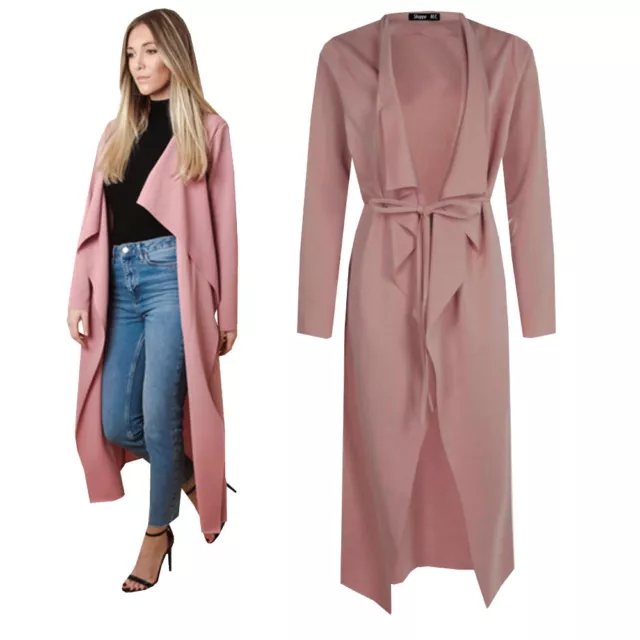 Rose Womens Maxi Midi Long Sleeved Belted Waterfall Duster Jacket coat Cardigan