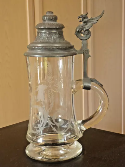 Glas Bierhumpen / Bierkrug mit Zinndeckel - geschliffen - vor 1900