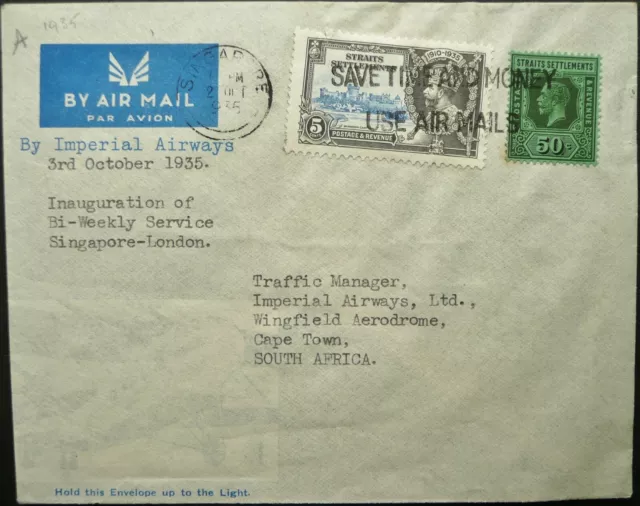 Malaya 2 Oct 1935 Kgv Airmail Cover From Singapore To Cape Town, South Africa