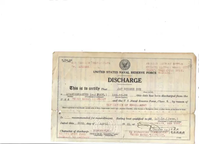 United States Naval Reserve Force Certificate Of Discharge Jay G Cox 1919