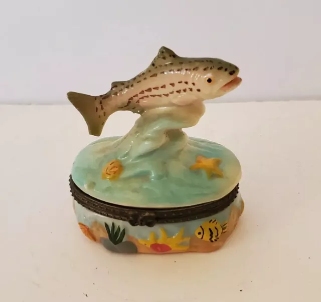 Vintage Porcelain Bass Fish (Starfish & Angelfish Inside) Hinged Trinket Box