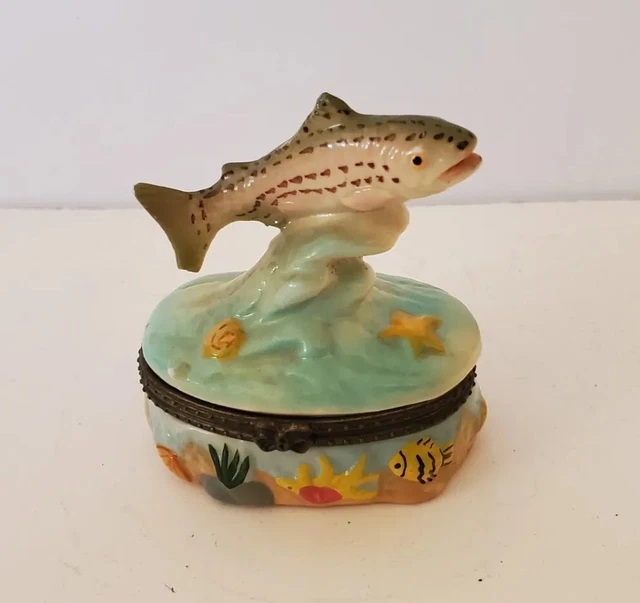 Vintage Porcelain Bass Fish (Starfish & Angelfish Inside) Hinged Trinket Box