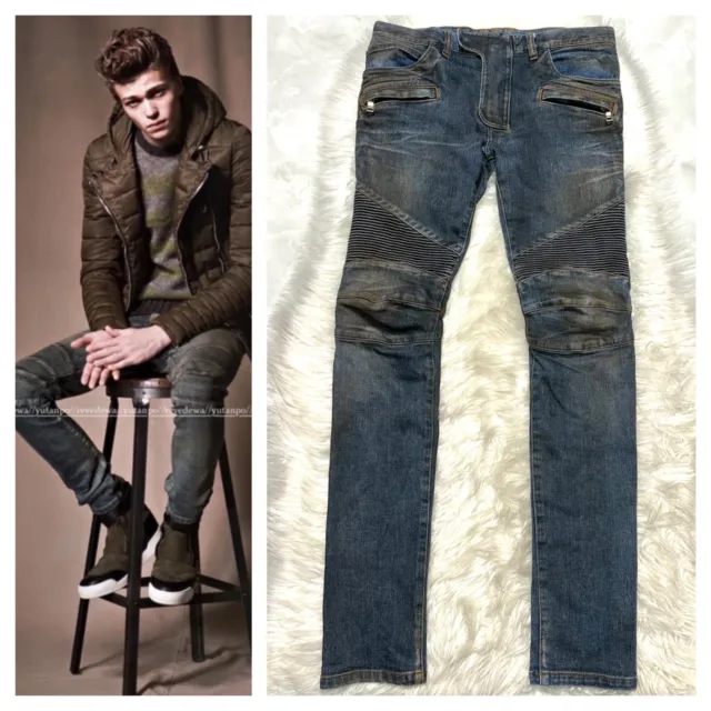 Authentic Balmain Homme Dust Wash Stretch Biker Denim Pants Jeans 29 IndigoBlue