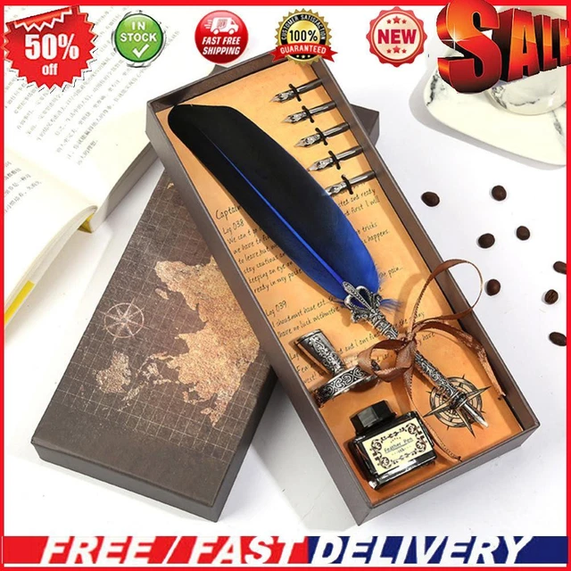 RETRO CALLIGRAPHY FEATHER Dip Pen Writing Ink Quill Fountain Pen Set ...