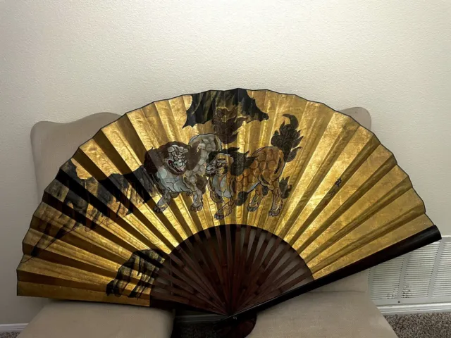 HUGE ANTIQUE CHINESE LION DESIGN GOLD WATERCOLOR FAN PAINTING SIGNED 55x33