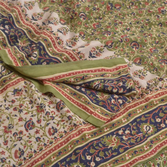 Sanskriti Vintage Sarees Indian Green Pure Crepe Silk Printed Sari Craft Fabric