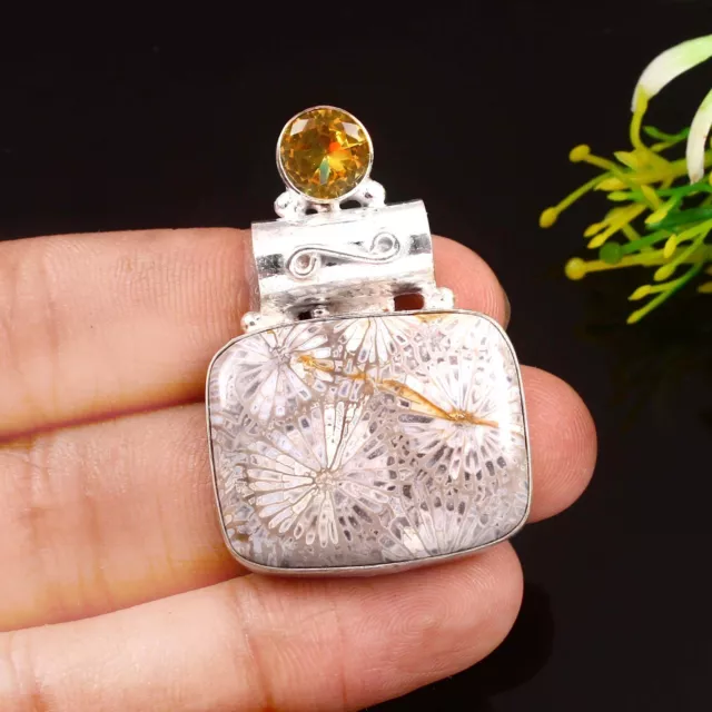 Coral Fossil Pendant 925 Sterling Silver pendant Handmade Jewelry Gift For Her