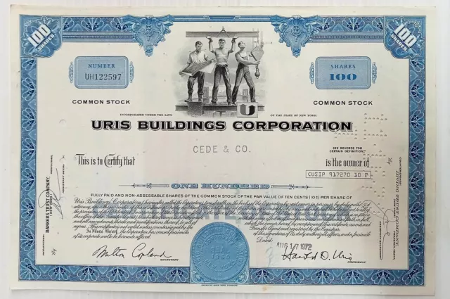 United States Uris Buildings Corporation 1972 share certificate for 100 shares