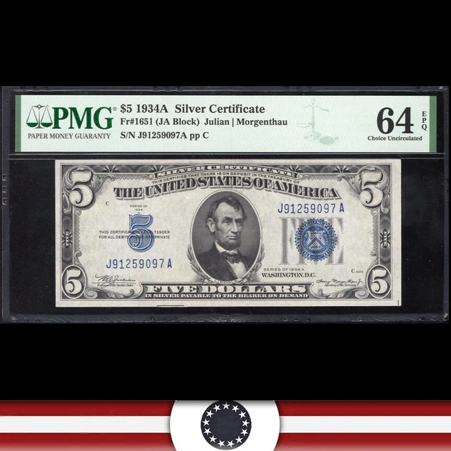 1934-A $5 SILVER CERTIFICATE *J-A Block* PMG 64 EPQ Fr 1651 59097