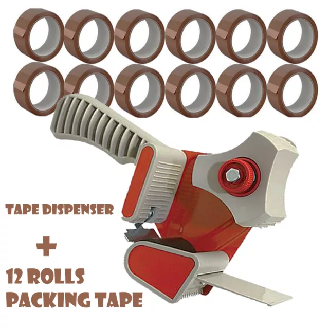 Packing Tape Dispenser Gun Parcel Packaging + 12 Rolls Brown Packing Tape P97