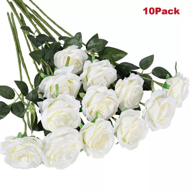 10PCS Mother's Day Decor Velvet White Roses Artificial Flowers Realistic Bouquet