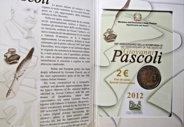 Italie. Set, coffret 2012 avec 2 € commémorative Giovanni Pascoli . FDC 2