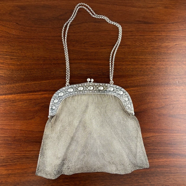 German 800 Silver Large Mesh Purse W/ Shoulder Strap Florals & Scrolls