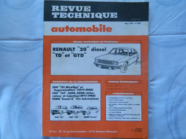 RTA  revue technique automobile etat comme neuf RENAULT 20 TD /GTD diesel  n 409