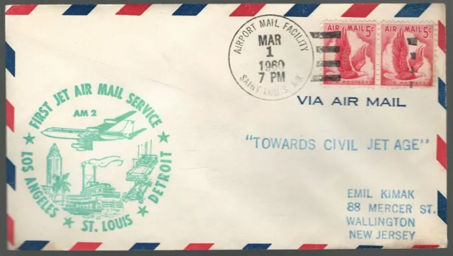 US First Flight Cover St Louis Missouri to Los Angeles 1960 US Scott c50 Pair