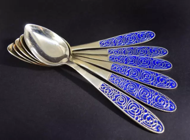 Gild Enameled Tea Coffee Spoons 875 Sterling Silver USSR Vintage Set 6 in Box