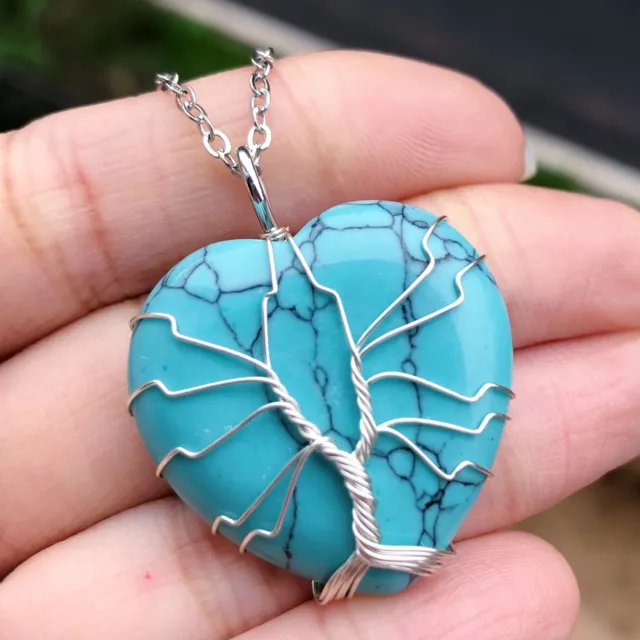 Turquoise Gem stone Tree of life Necklace Heart  Chakra Reiki Healing Amulet