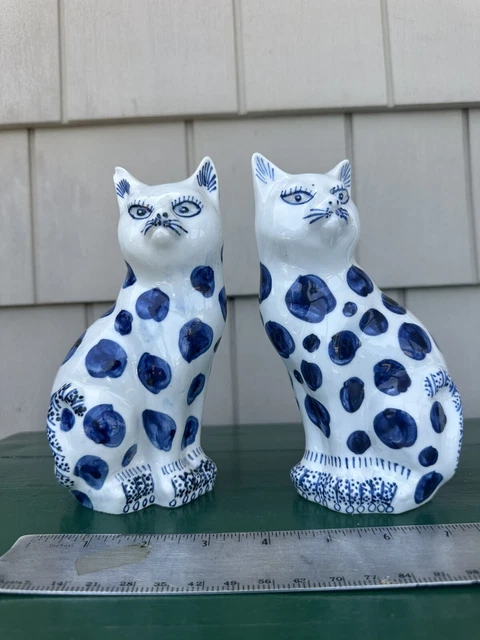 Vintage Blue and White Porcelain Cat Figurines Pair Chinese Estate Find