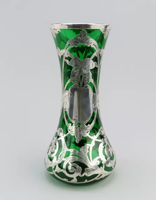 Fabulous Large Emerald Glass Vase w/ Sterling Silver Art Nouveau Overlay 10"