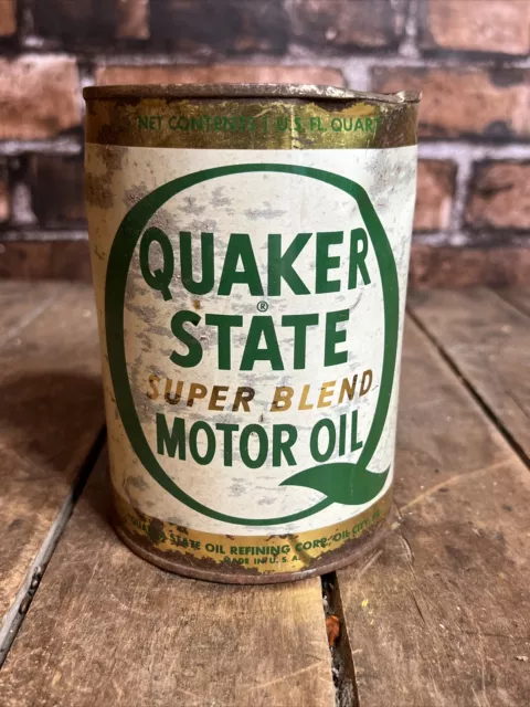 Vintage Quaker State 1 Quart Motor Oil Can Super Blend / Oil City PA / FULL CAN