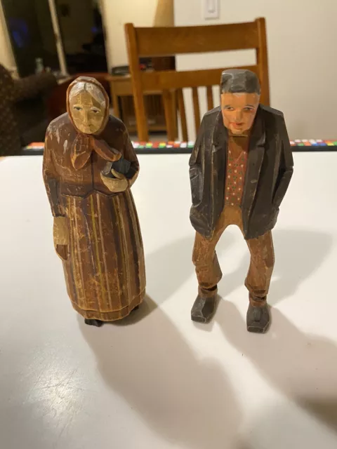 Vintage Hand Carved Painted Wooden Swedish Man Woman Folk Art Figurines Statues