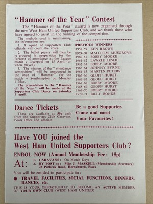 WEST HAM UNITED “Hammer of the Year” 1971-72 Voting Form Rare £1.49