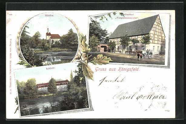 AK Königsfeld / Rochlitz, Gasthof Vergissmeinnicht, Kirche, Schloss 1903