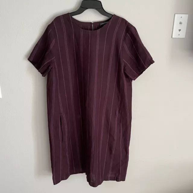 EILEEN FISHER Organic Linen Round Neck Short Sleeve Purple Striped Shirt Dress