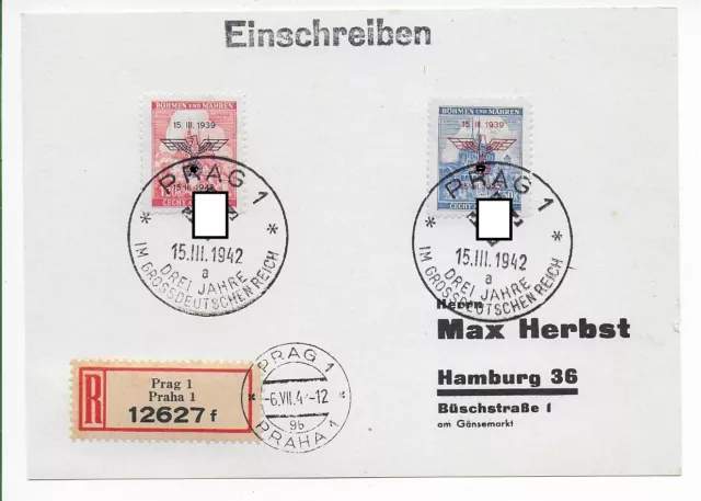 Böhmen und Mähren 1942 - FDC Mi.-Nr. 83-84 -Einschreiben Prag nach Hamburg