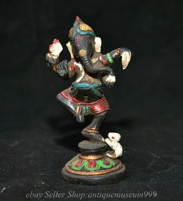 4.2" Old Tibet Bronze Painting Ganesh Lord Ganesha Elephant God Buddha Statue
