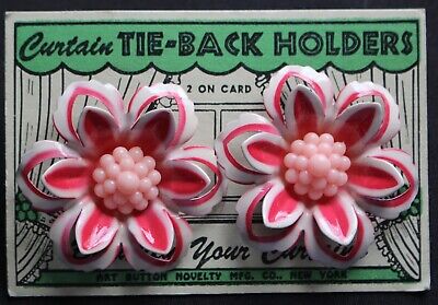 Vtg 1940’s ART BUTTON NOVELTY CURTAIN TIE-BACK HOLDERS - Pink & White Flowers