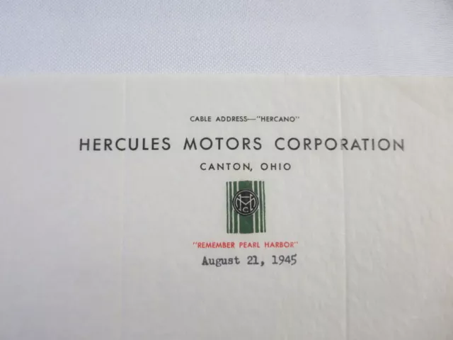 1945 Hercules Motors Corporation Letter Letterhead Gas & Diesel Engine