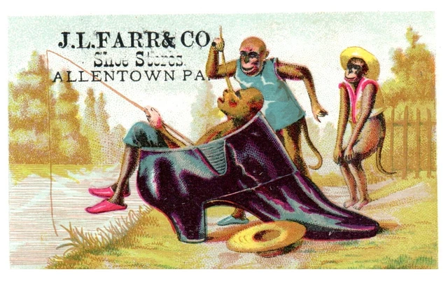 Antique Trade Card-J.L. Farr Allentown PA Shoe Store Anthropomorphism Monkeys A5