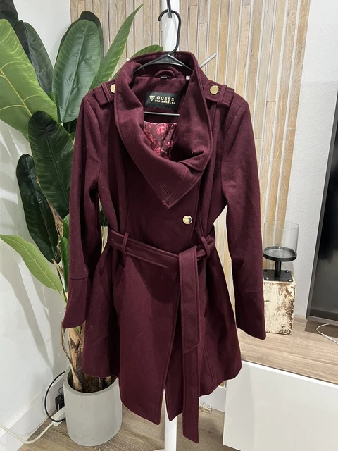 GUESS WOMEN S ASYMMETRICAL Belted Wrap Coat Burgundy Size XL