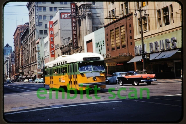 Original Slide, LAMTA Los Angeles MTA PCC Trolley #3136 Street Scene, 1960