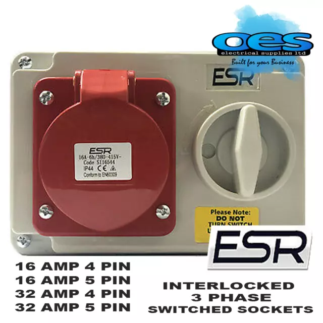 Interlocked Switched Socket 415Volt 16A 32A 4Pin 5Pin  Red Ip44 Surface 3 Phase