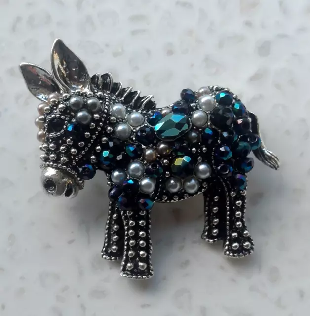 Antique Silver Plated Vintage Inspired Rhinestone Crystal Pearl Donkey Brooch