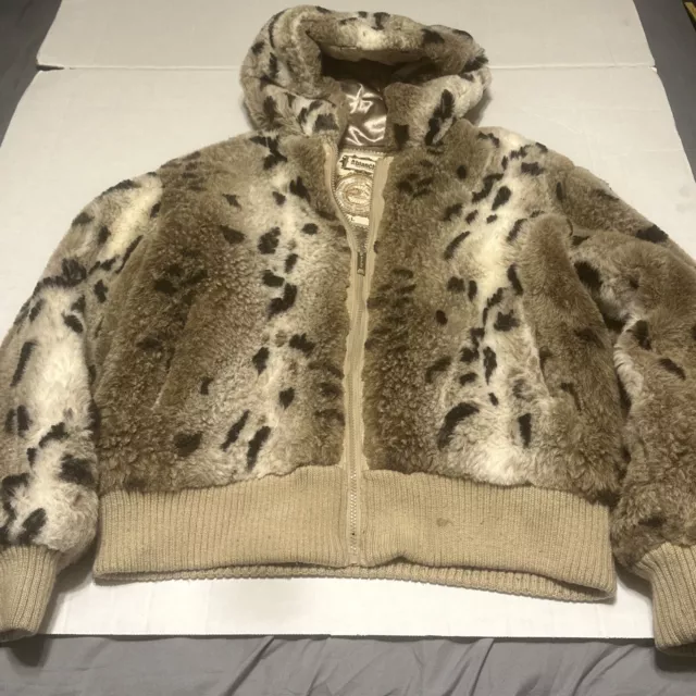 Ablanche Urban Outfitter Furfitter Faux Fur Hooded Tan Print Coat Mens Size L