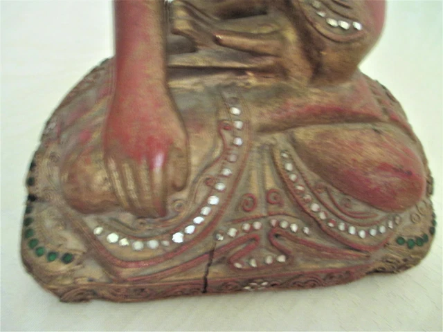 Burmese red gilt lacquer  seated buddha 10" tall 2