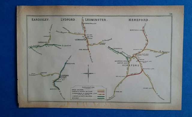1904 RAILWAY CLEARING HOUSE Junct. Diagram No.34 HEREFORD,EARDISLEY ...