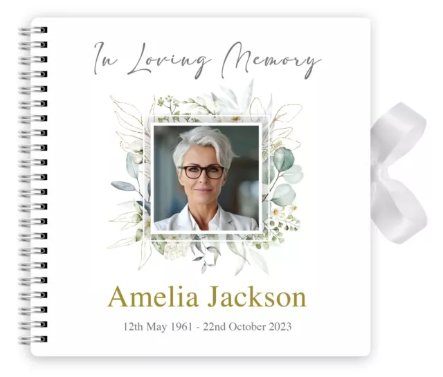 Personalised Photo Funeral Condolence Memory Book of Life- Green & White