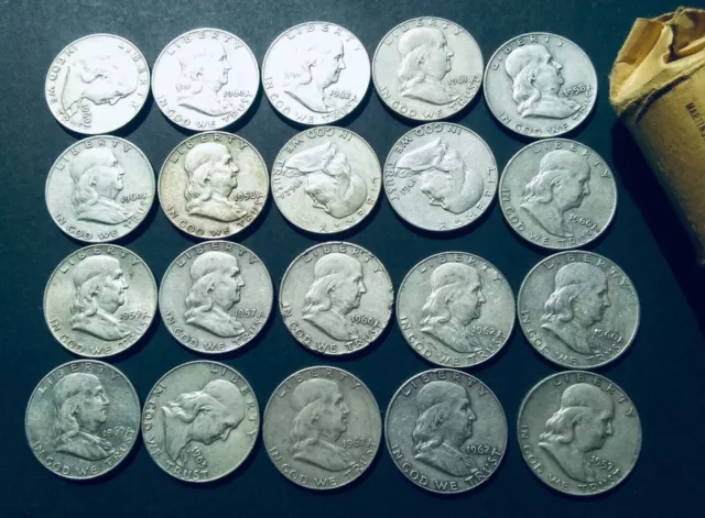 20(roll) Circulated 90% Silver Franklin Half Dollars - Various Dates🏆